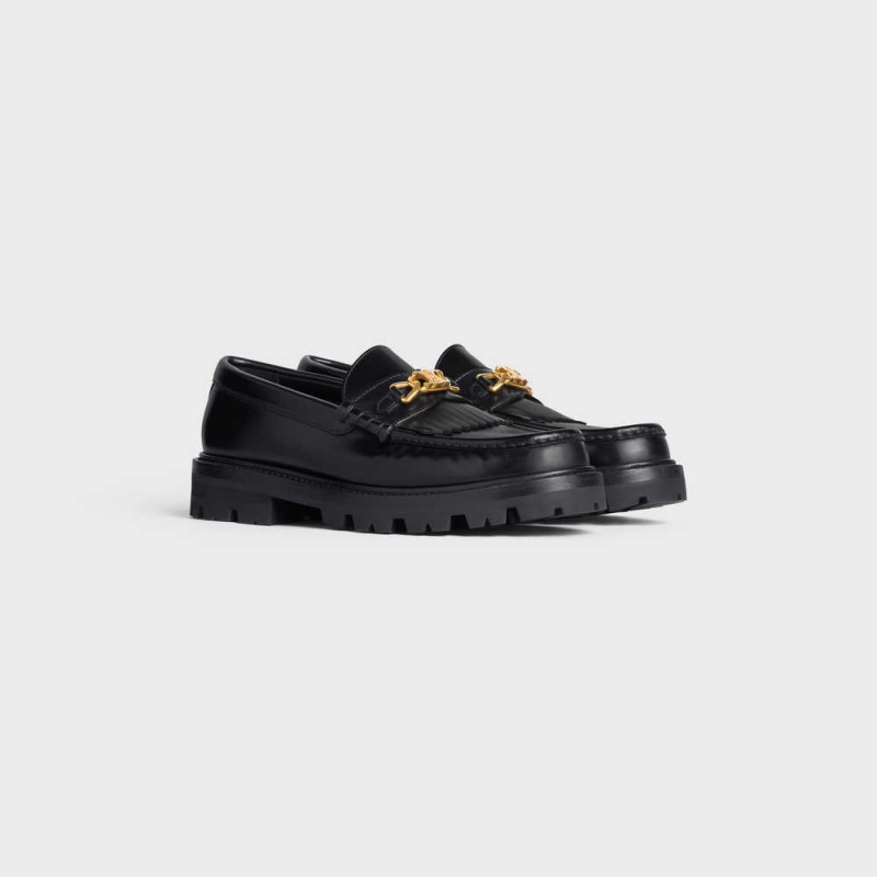 Celine MARGARET WITH TRIOMPHE CHAIN in POLISHED BULL Loafers Black | CL-592524