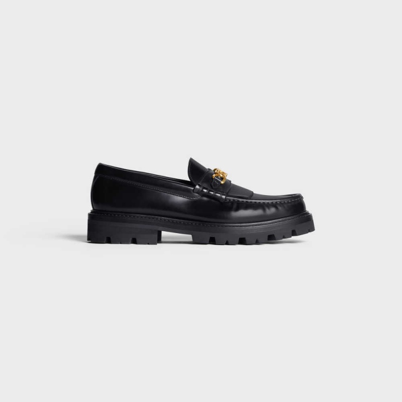 Celine MARGARET WITH TRIOMPHE CHAIN in POLISHED BULL Loafers Black | CL-592524