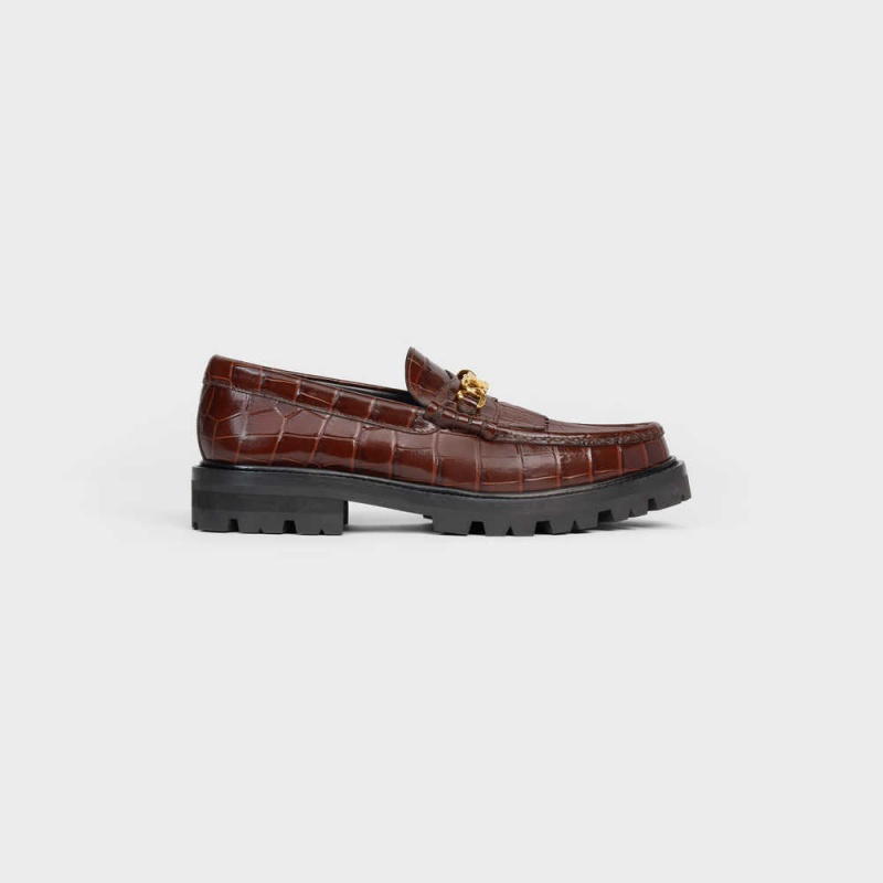 Celine MARGARET WITH TRIOMPHE in CROCODILE STAMPED CALFSKIN Loafers Dark Brown | CL-592523