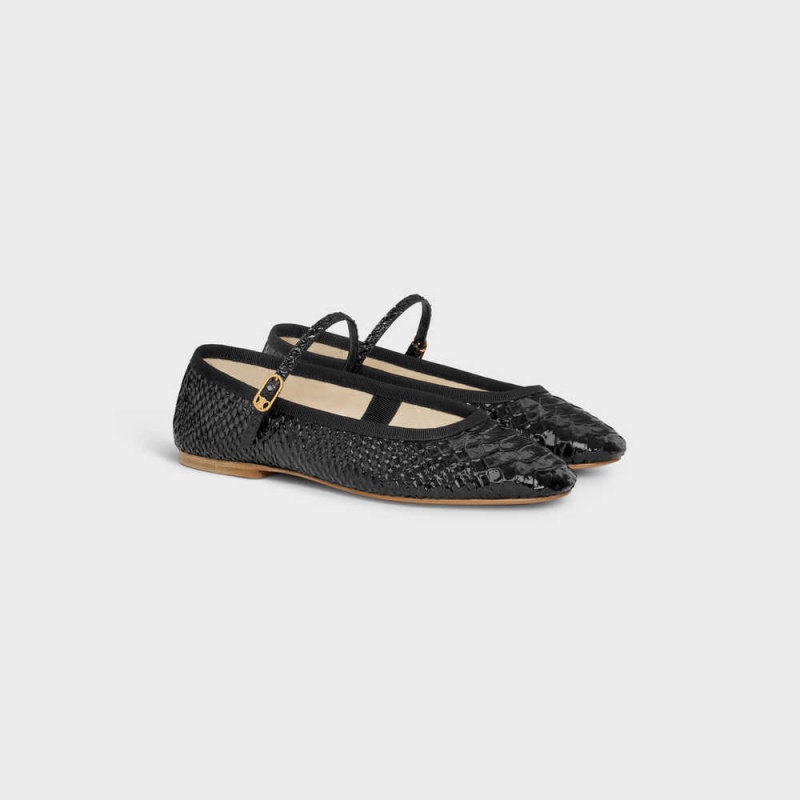 Celine MARY JANE BALLERINA LES BALLERINES in Python Stamped Calfskin Loafers Black | CL-592535