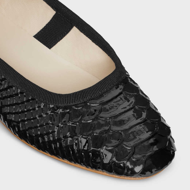 Celine MARY JANE BALLERINA LES BALLERINES in Python Stamped Calfskin Loafers Black | CL-592535