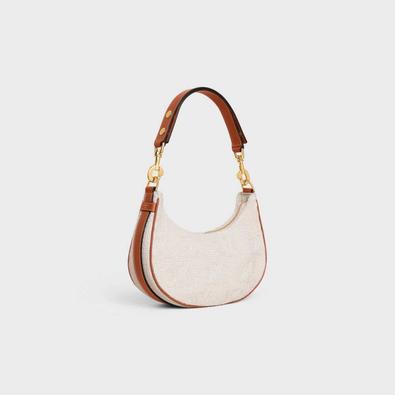 Celine MediumStrap Bag in TEXTILE WITH TRIOMPHE CROCHET EMBROIDERY Ava Natural / Tan | CL-593101