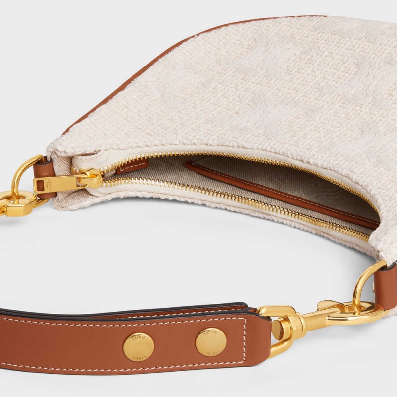 Celine MediumStrap Bag in TEXTILE WITH TRIOMPHE CROCHET EMBROIDERY Ava Natural / Tan | CL-593101