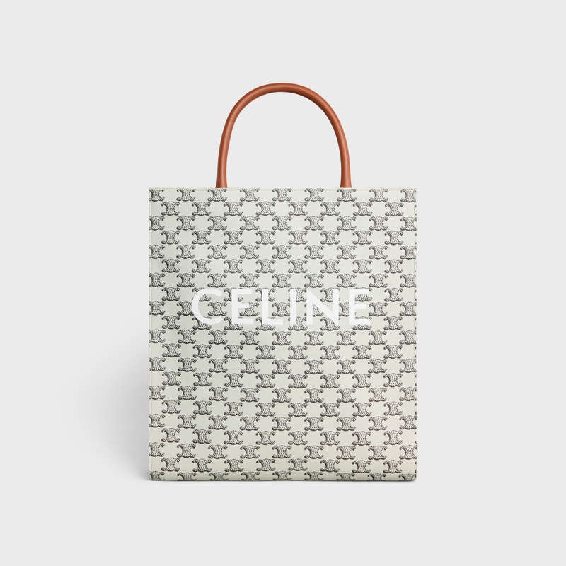 Celine Medium Vertical in Triomphe Canvas with celine print Cabas Tan / Ecru | CL-591837