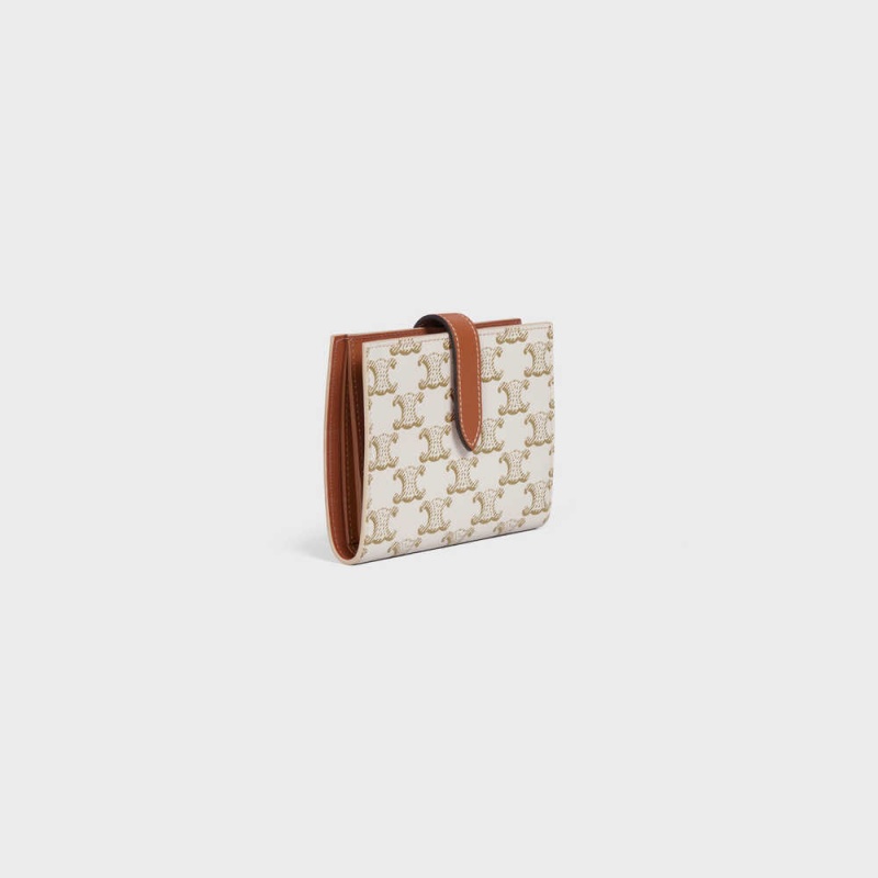 Celine Medium strap in Triomphe Canvas and Lambskin Wallets White/Tan | CL-592993