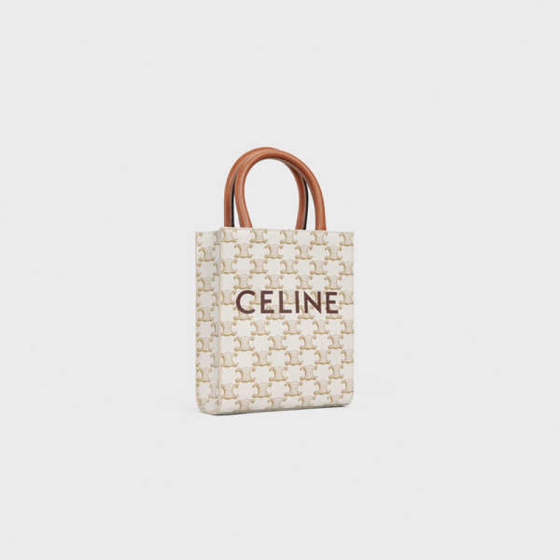 Celine Mini Vertical Cabas in and calfskin with print Triomphe Canvas White | CL-593136