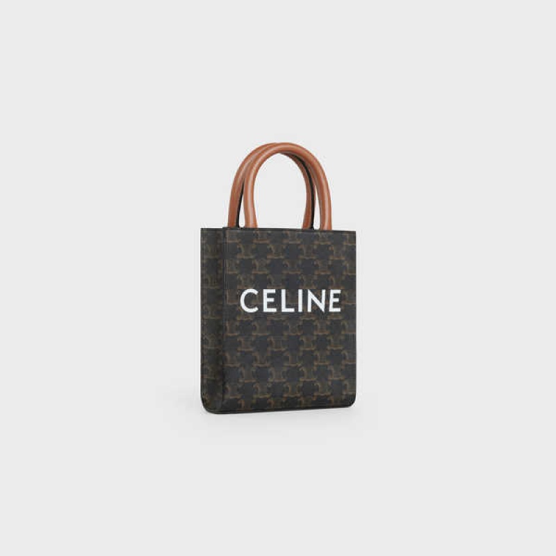 Celine Mini Vertical in Triomphe Canvas and calfskin with print Cabas Tan | CL-593085