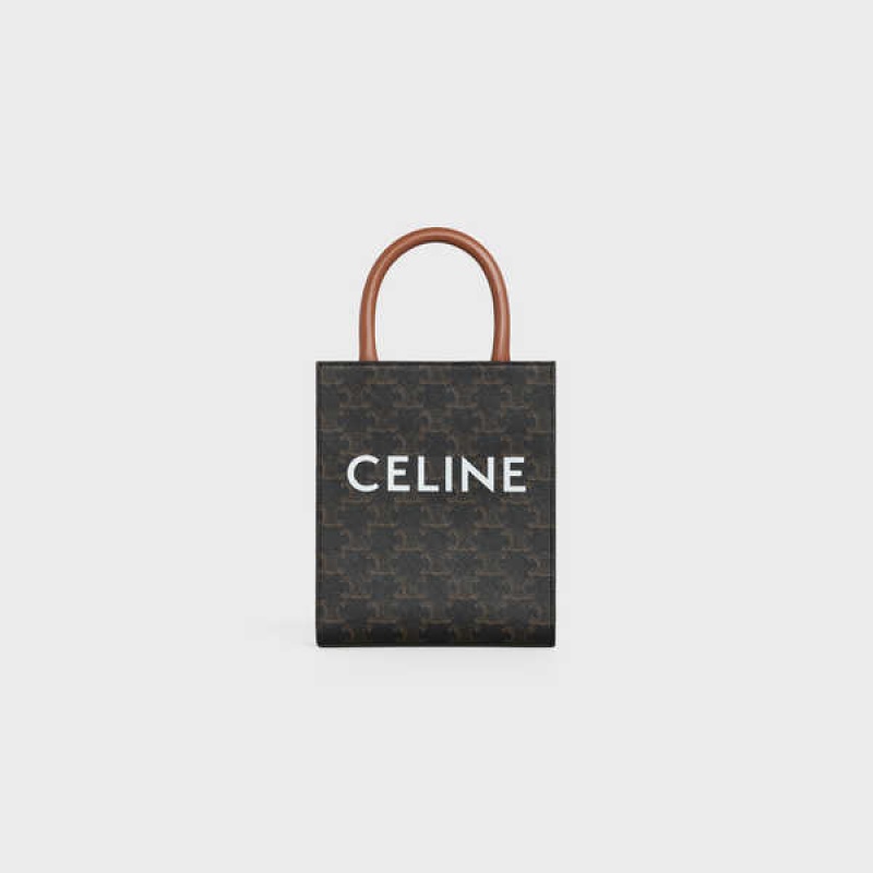 Celine Mini Vertical in Triomphe Canvas and calfskin with print Cabas Tan | CL-593085