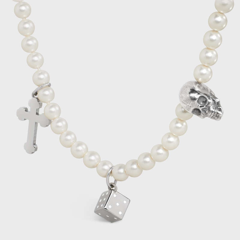 Celine Monochroms Charms in Brass with Rhodium Finish, Glass Pearls and Enamel Necklaces Ivory / Silver / Black | CL-591660