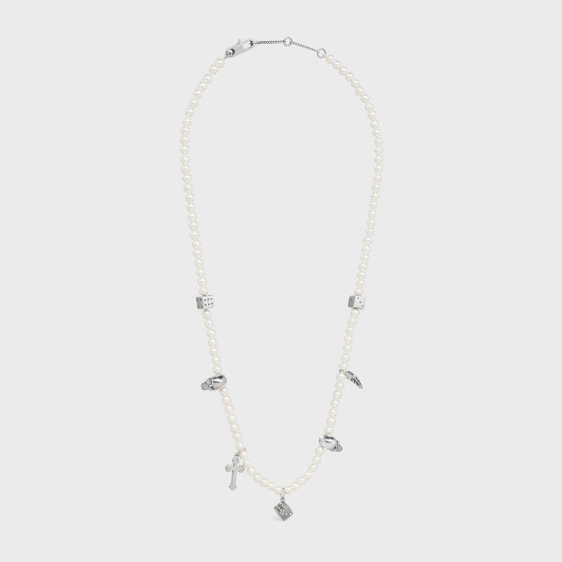 Celine Monochroms Charms in Brass with Rhodium Finish, Glass Pearls and Enamel Necklaces Ivory / Silver / Black | CL-591660