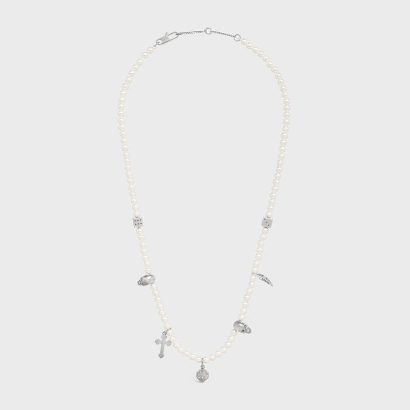 Celine Monochroms Charms in Brass with Rhodium Finish, Glass Pearls and Enamel Necklaces Ivory / Silver / Black | CL-591660