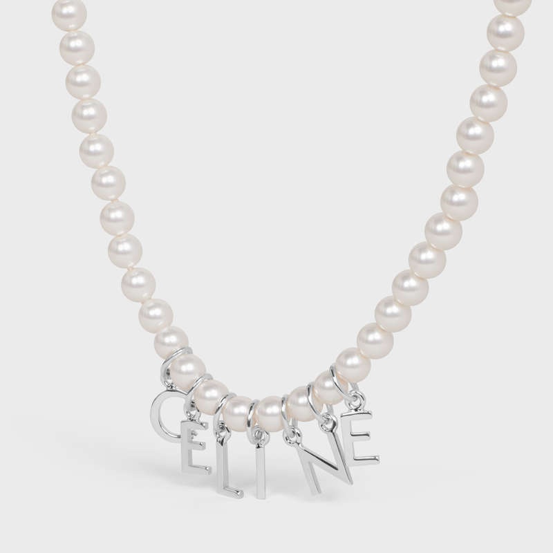 Celine Monochroms in Glass Pearls and Brass with Rhodium Finish Necklaces Ivory / Silver | CL-591662