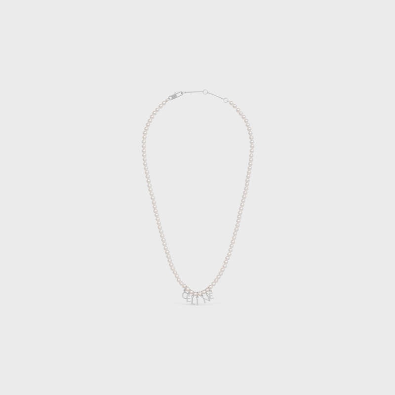 Celine Monochroms in Glass Pearls and Brass with Rhodium Finish Necklaces Ivory / Silver | CL-591662