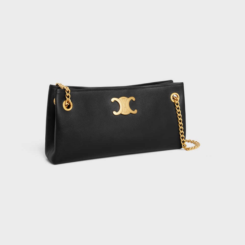 Celine NEWSPAPER CHAIN BAG SOFT in SUPPLE CALFSKIN Triomphe Black | CL-593166