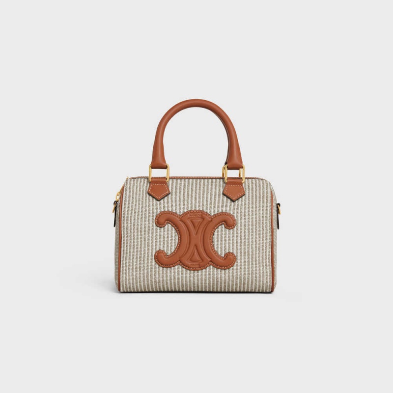 Celine SMALL BOSTON in STRIPED TEXTILE AND CALFSKIN Cuir Triomphe Beige | CL-593151