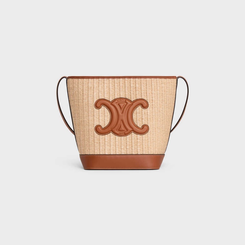 Celine SMALL BUCKET in RAFFIA EFFECT TEXTILE AND CALFSKIN Cuir Triomphe Natural / Tan | CL-593165