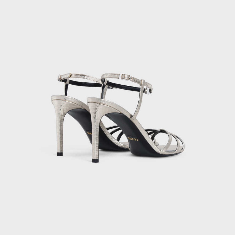 Celine SOIR in Lizard stamped metalized calfskin Sandals Platinium | CL-592597