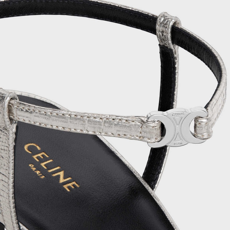 Celine SOIR in Lizard stamped metalized calfskin Sandals Platinium | CL-592597