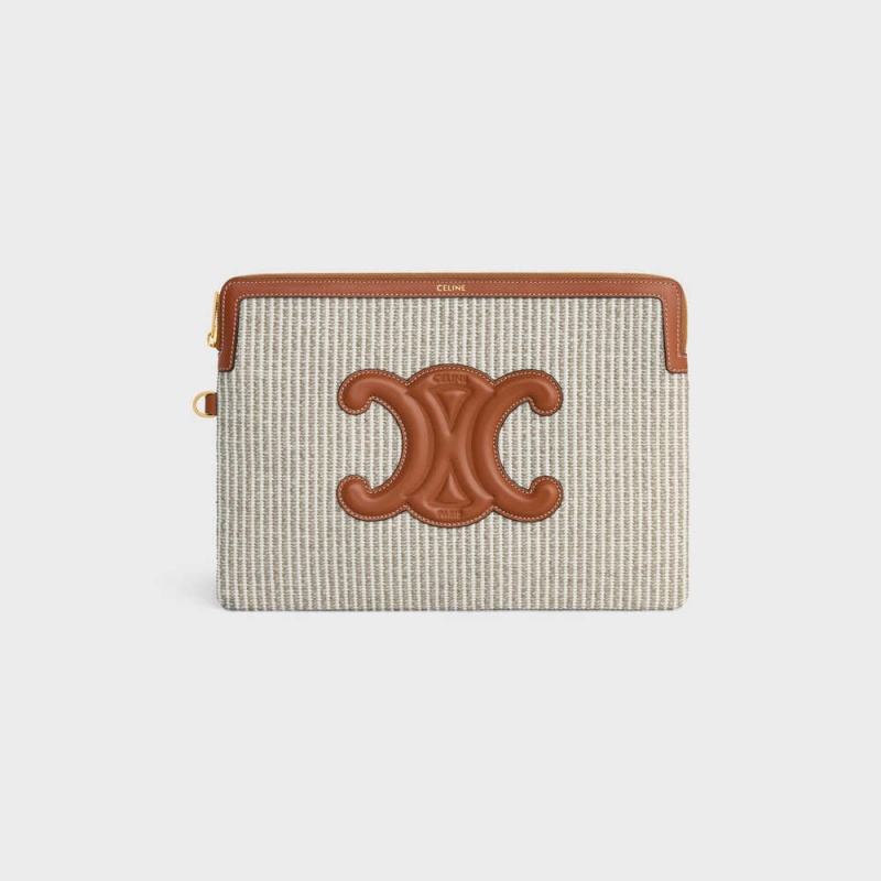 Celine STRAP CUIR TRIOMPHE IN STRIPED TEXTILE AND CALFSKIN Pouch Beige | CL-592886