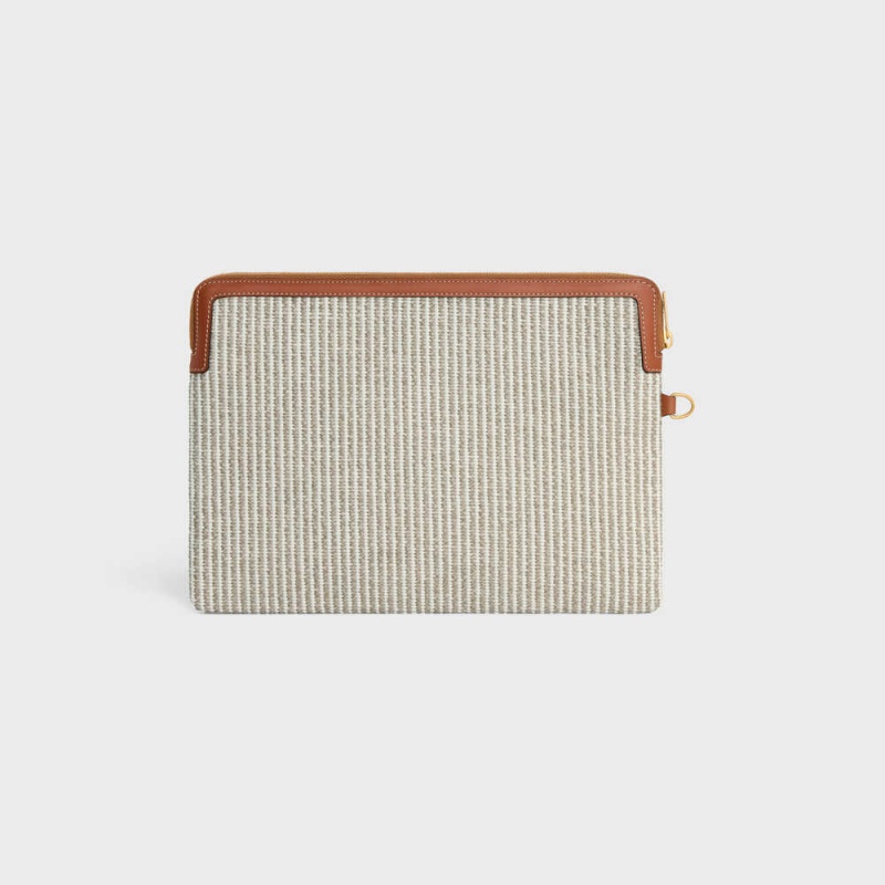 Celine STRAP CUIR TRIOMPHE IN STRIPED TEXTILE AND CALFSKIN Pouch Beige | CL-592886