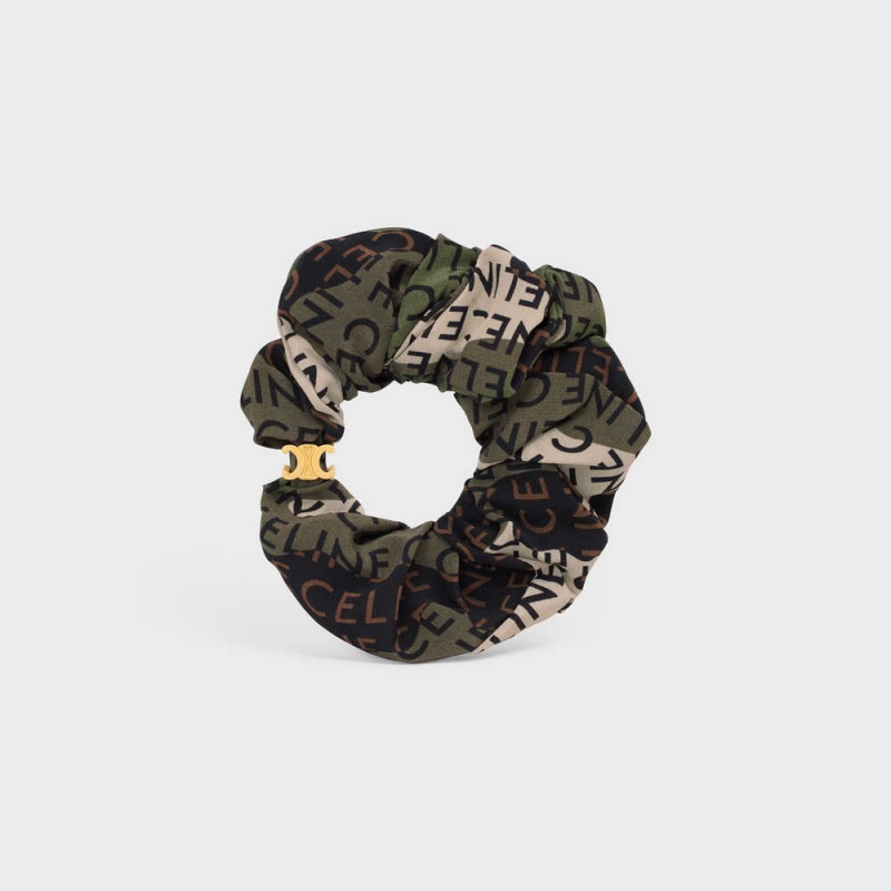 Celine Scrunchy Camouflage in Brass with Gold Finish and Khaki Silk Hair Accessories Gold / Khaki | CL-592326