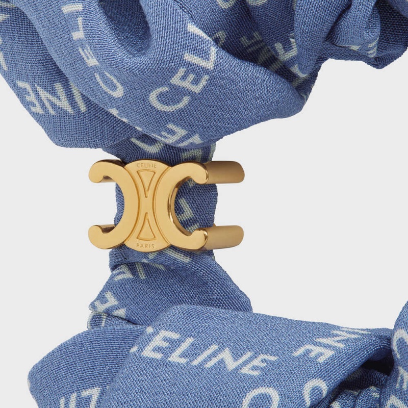 Celine Scrunchy Square in Brass with Gold Finish and Blue Silk Hair Accessories Gold / Blue | CL-592329