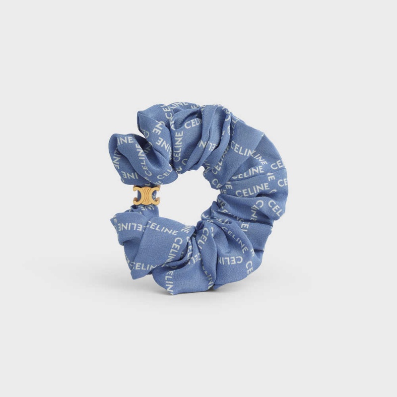 Celine Scrunchy Square in Brass with Gold Finish and Blue Silk Hair Accessories Gold / Blue | CL-592329