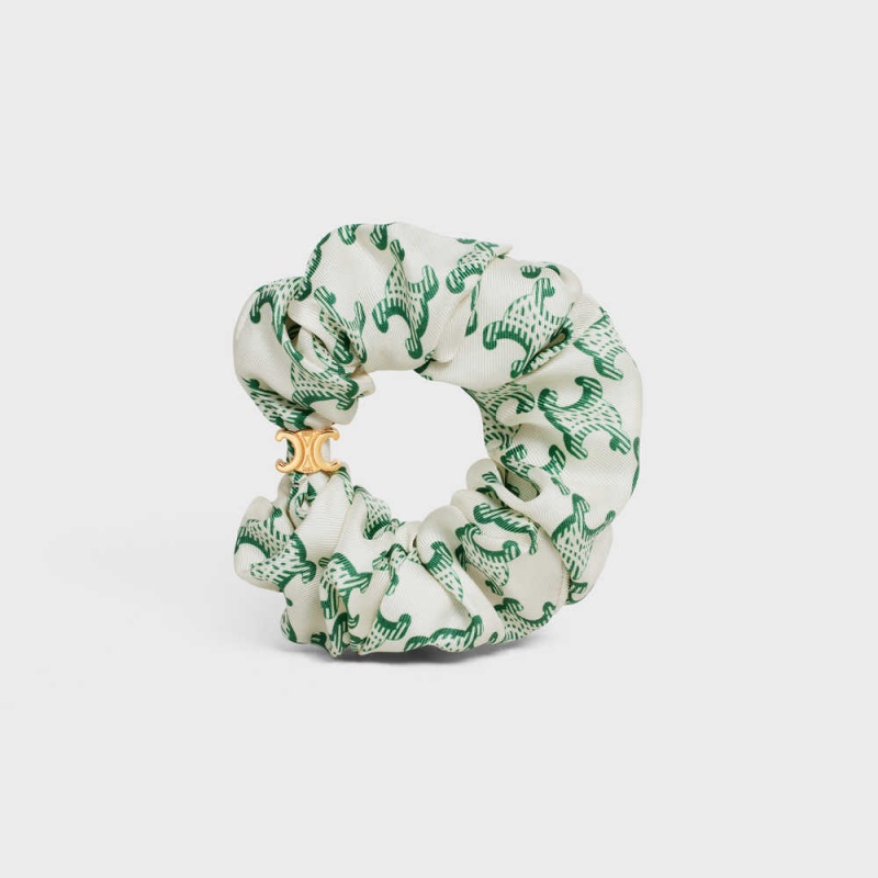 Celine Scrunchy Triomphe in Brass with Gold Finish and Silk Hair Accessories Gold/White/Green | CL-592331