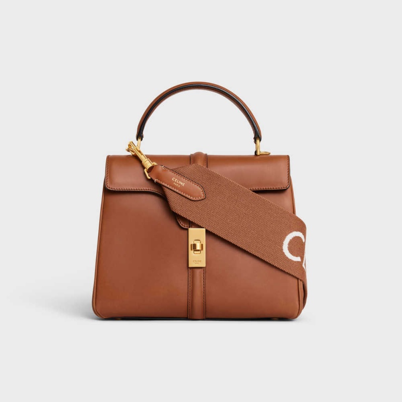 Celine Short Strap in Wool with jacquard Leather Goods Accessories Tan/White | CL-592914