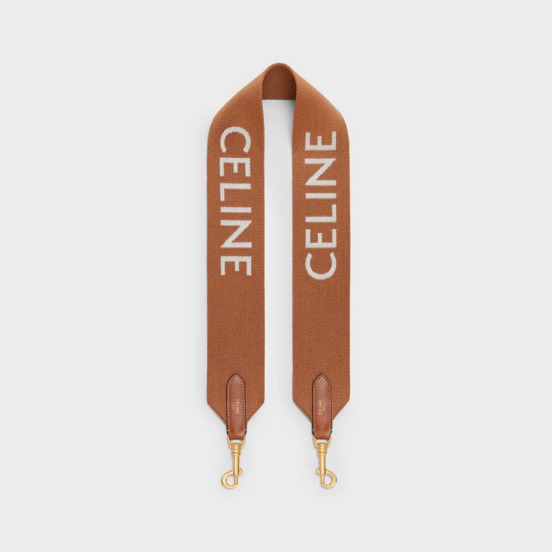 Celine Short Strap in Wool with jacquard Leather Goods Accessories Tan/White | CL-592914