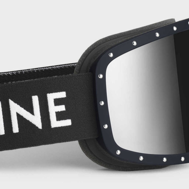 Celine Ski Mask in Plastic with Metal Studs & Mirror Lenses Sunglasses Black/Black | CL-592441