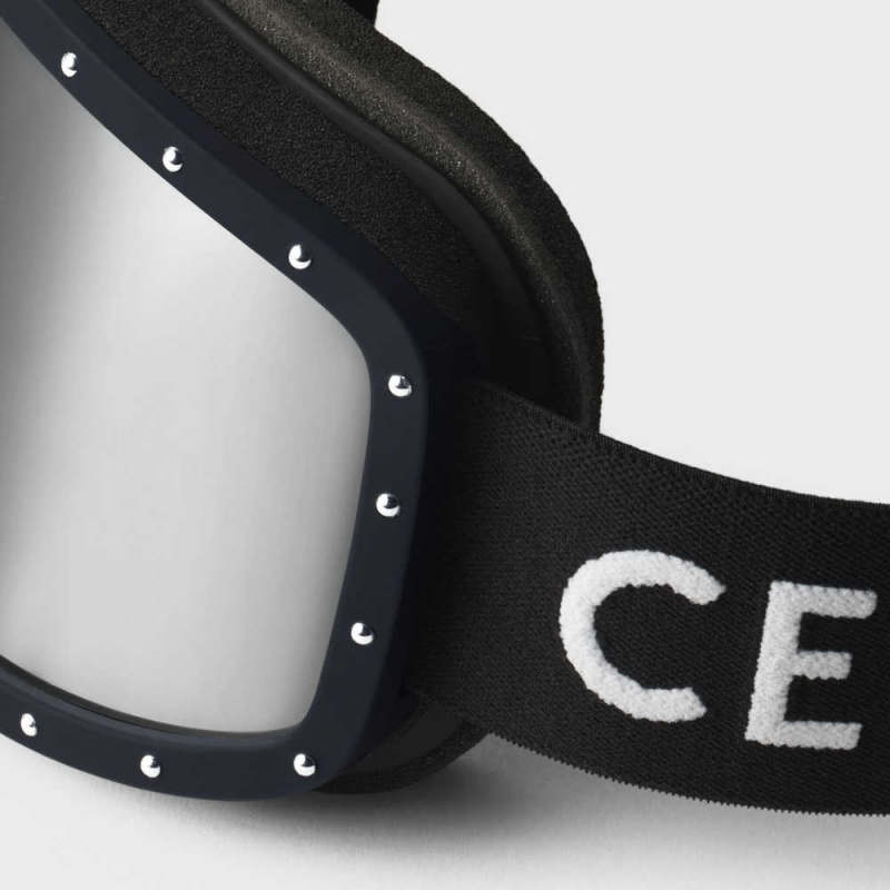 Celine Ski Mask in Plastic with Metal Studs & Mirror Lenses Sunglasses Black/Black | CL-592441