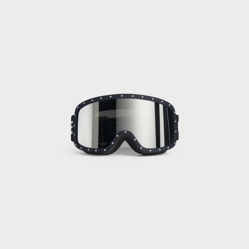 Celine Ski Mask in Plastic with Metal Studs & Mirror Lenses Sunglasses Black/Black | CL-592441