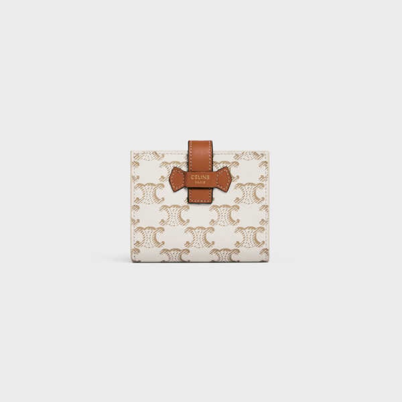 Celine Small Strap Essentials in Triomphe Canvas and Lambskin Wallets White/Tan | CL-592988