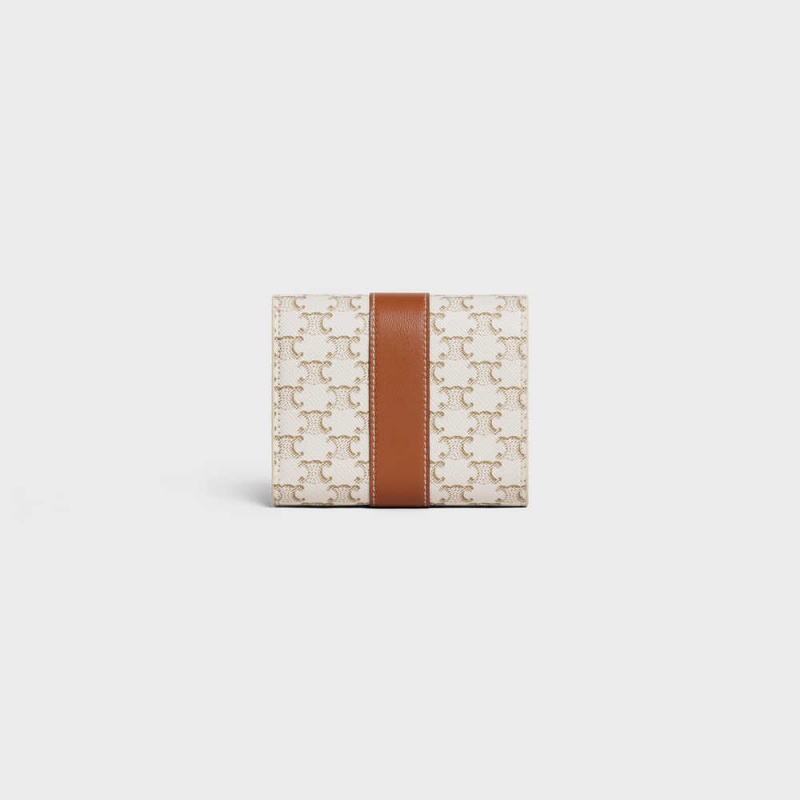 Celine Small Trifold in Triomphe Canvas and Lambskin Wallets White/Tan | CL-593005