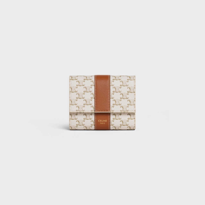 Celine Small Trifold in Triomphe Canvas and Lambskin Wallets White/Tan | CL-593005