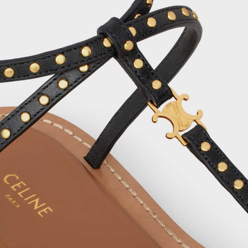 Celine TAILLAT FLAT WITH STUDS in CALFSKIN - VEGETAL TANNING & STUDS Sandals Black | CL-592586