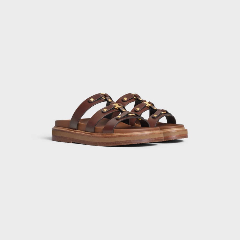 Celine TIPPI SLIDES in CALFSKIN - VEGETAL TANNING Sandals Dark Brown | CL-592604