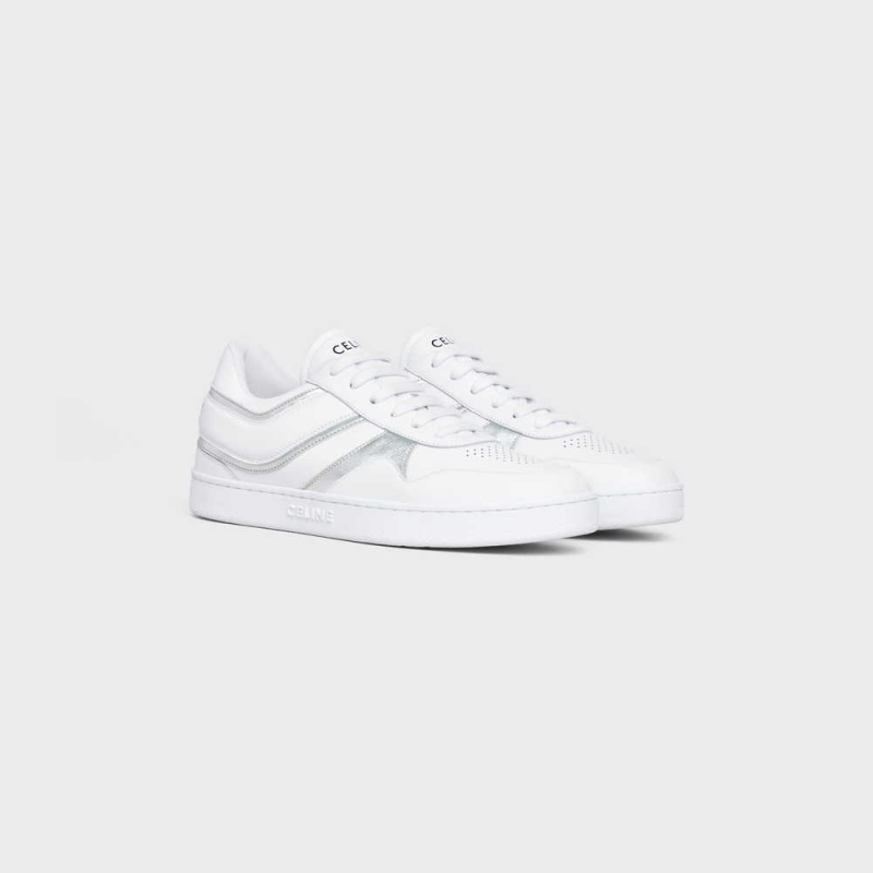 Celine TRAINER LOW LACE-UP in CALFSKIN & LAMINATED CALFSKIN Sneakers Optic White/Silver | CL-592550