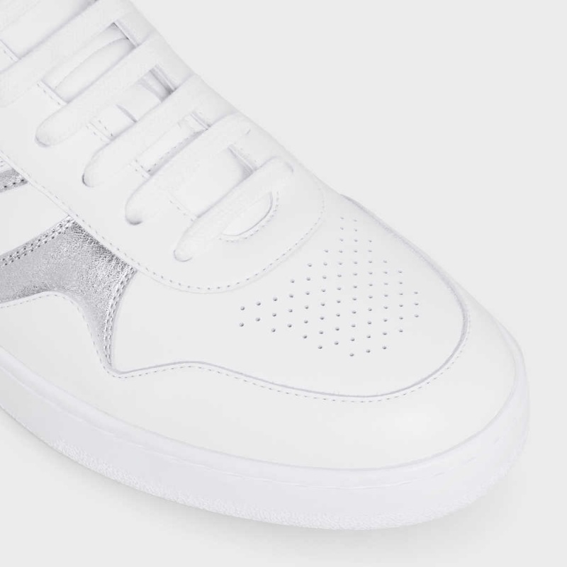 Celine TRAINER LOW LACE-UP in CALFSKIN & LAMINATED CALFSKIN Sneakers Optic White/Silver | CL-592550