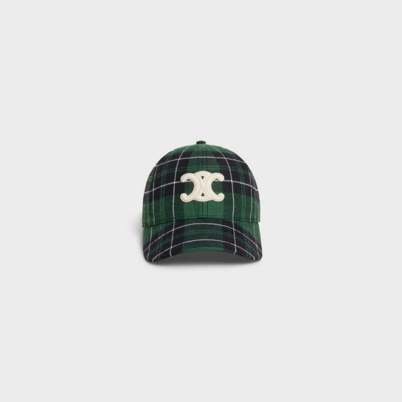 Celine TRIOMPHE BASEBALL IN CHECKED FLANNEL Cap green / black | CL-592359