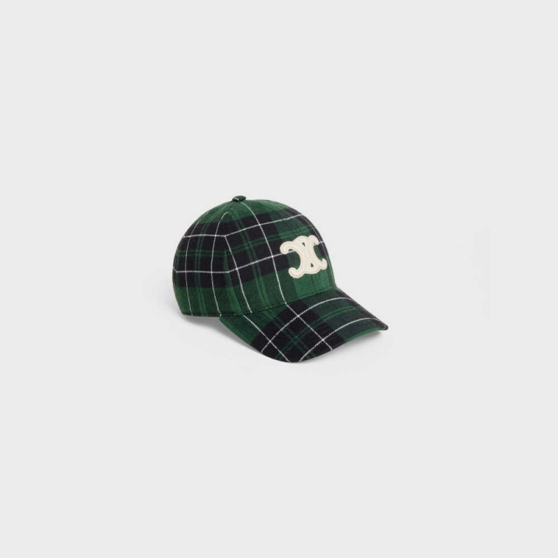 Celine TRIOMPHE BASEBALL IN CHECKED FLANNEL Cap green / black | CL-592359