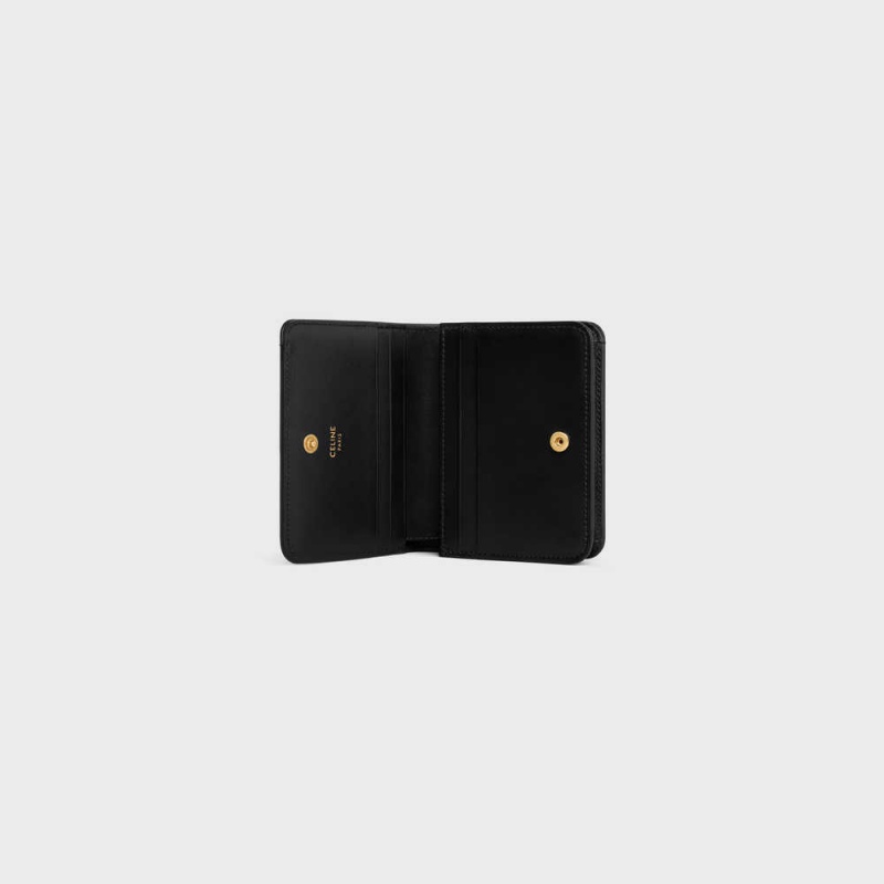 Celine TRIOMPHE COMPACT in Shiny calfskin Wallets Black | CL-592964