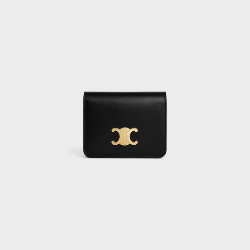 Celine TRIOMPHE COMPACT in Shiny calfskin Wallets Black | CL-592964