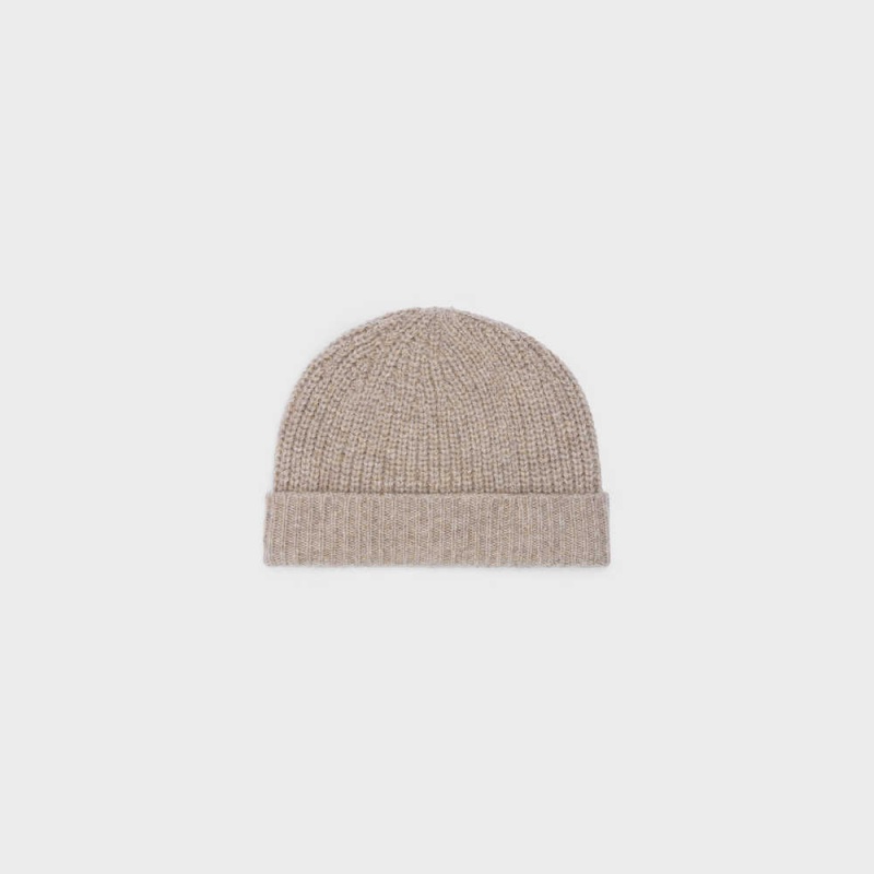 Celine TRIOMPHE EMBROIDERED BEANIE IN SEAMLESS CASHMERE Hat Sand | CL-592369