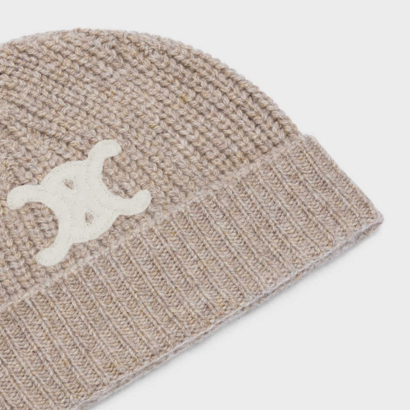 Celine TRIOMPHE EMBROIDERED BEANIE IN SEAMLESS CASHMERE Hat Sand | CL-592369