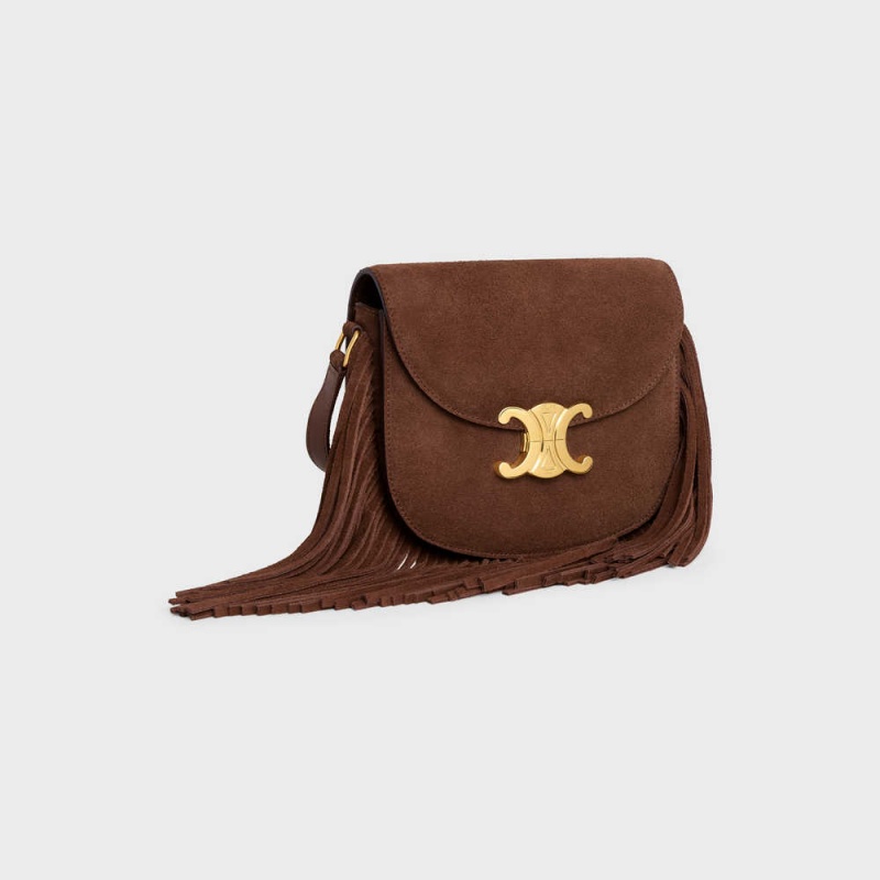 Celine Teen Besace with fringes in SUEDE CALFSKIN Triomphe Brown | CL-593221