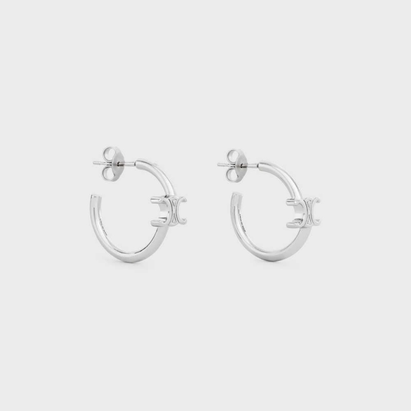 Celine Triomphe Asymmetric Hoops in Brass with Rhodium Finish Earrings Silver | CL-592296