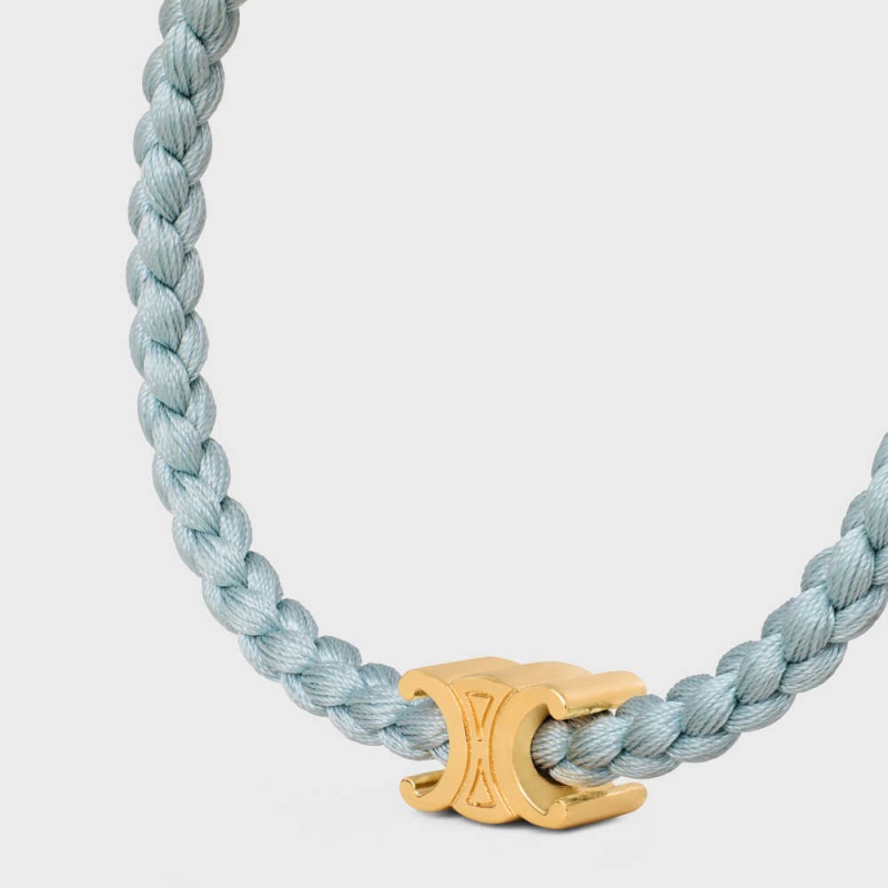 Celine Triomphe Beach in Brass with Gold Finish and Silk Bracelets Gold/Light Green | CL-592202