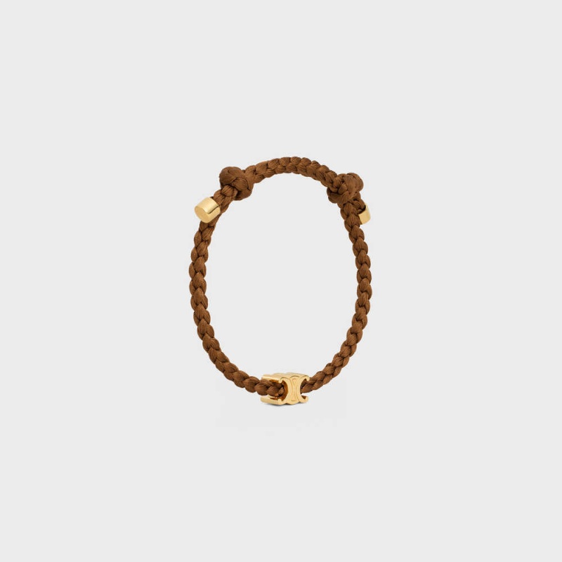 Celine Triomphe Beach in Brass with Gold Finish and Silk Bracelets Gold / Tan | CL-592201